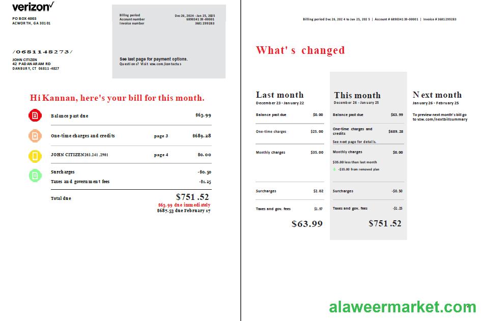 USA Verizon utility bill template in Word and PDF formats, 2 pages